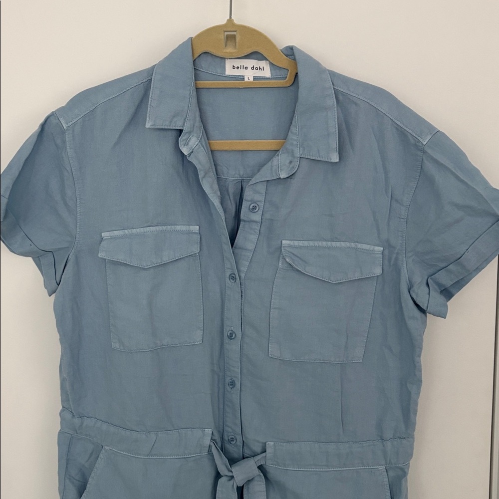 Bella Dahla Blue Rolled Hem Cotton Utility Women’s Romper Size Large - Picture 3 of 9